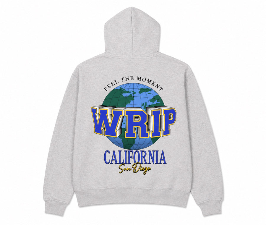 Wrip U Hoodie in heather grey — royal blue and gold varsity WRIP over a globe, Feel The Moment, California San Diego