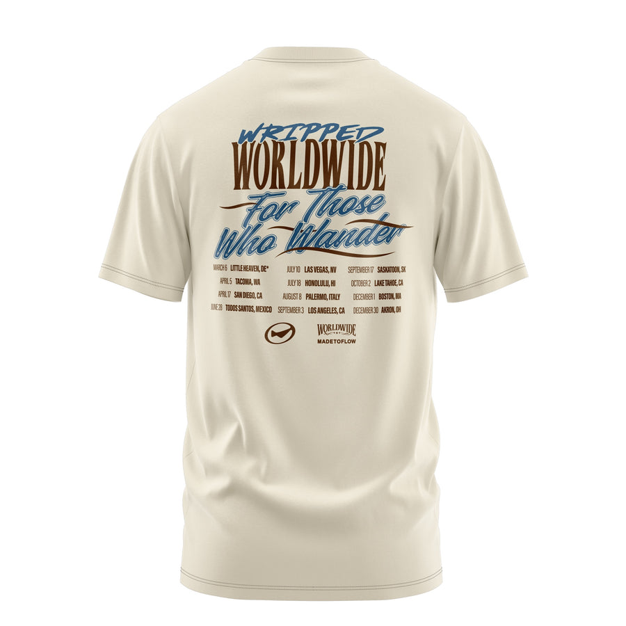 Wripped Worldwide tee in ivory — blue and brown full tour-date back print, For Those Who Wander